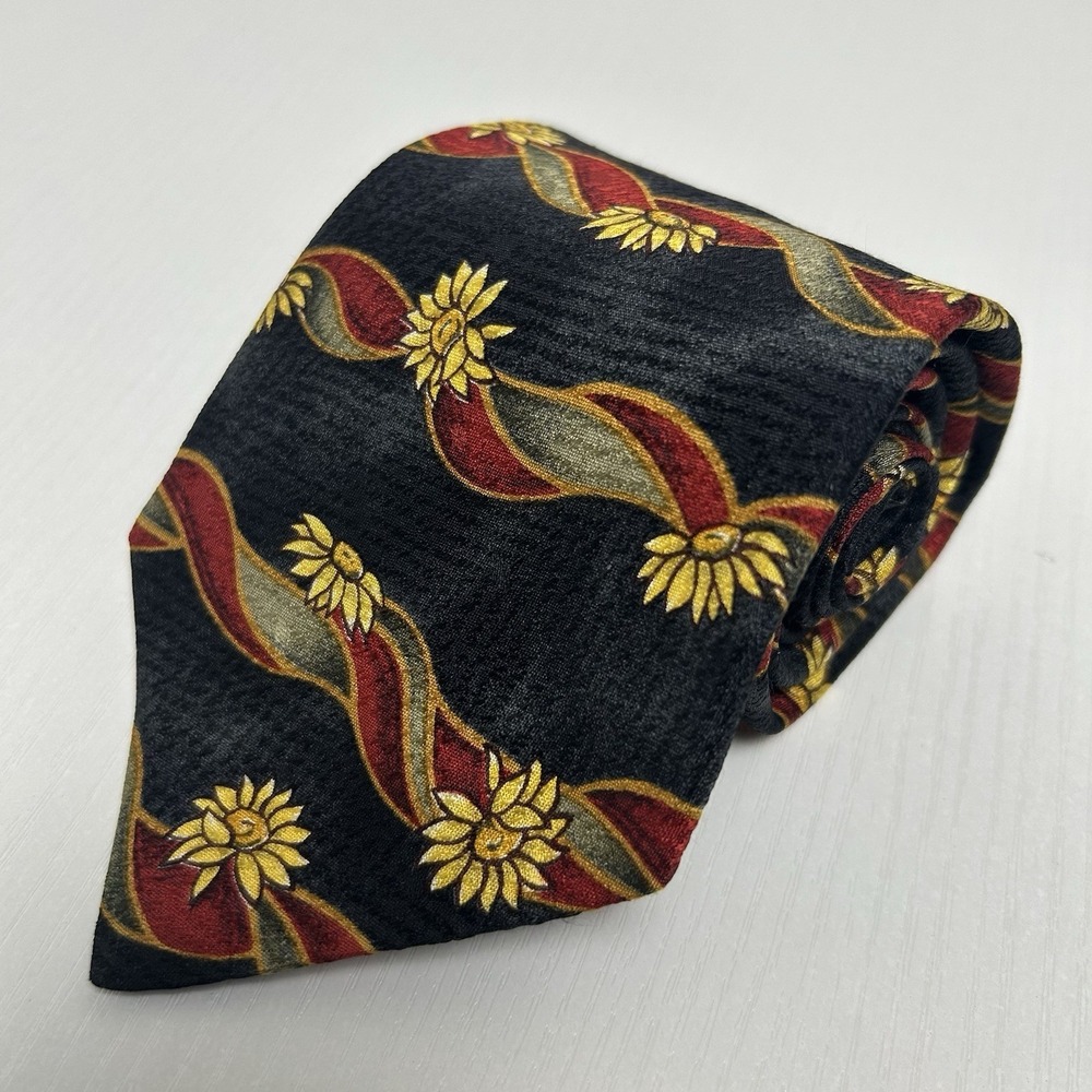 Mens Ermenegildo Zegna Tie Black with Yellow Flowers 100% Silk Made In Italy